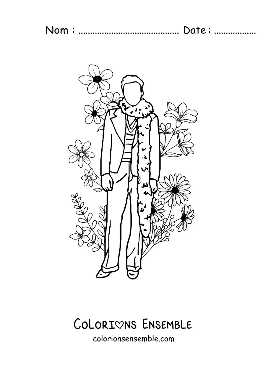 Coloriage d’une silhouette de Harry Styles avec des fleurs