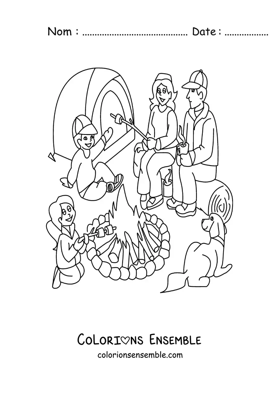 Coloriage d’une famille version dessin animé dans un camping