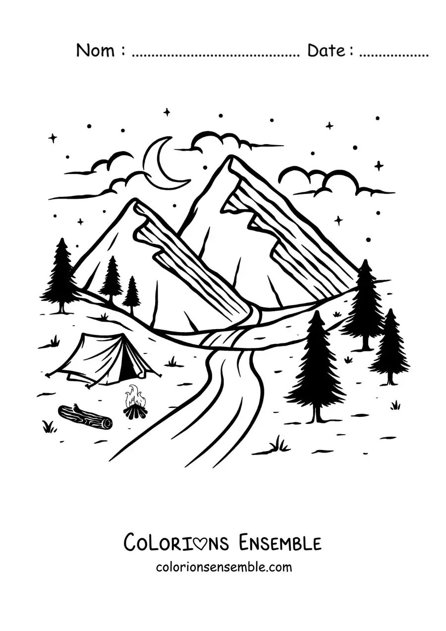 Coloriage d’une tente au bord de la rivière avec des montagnes