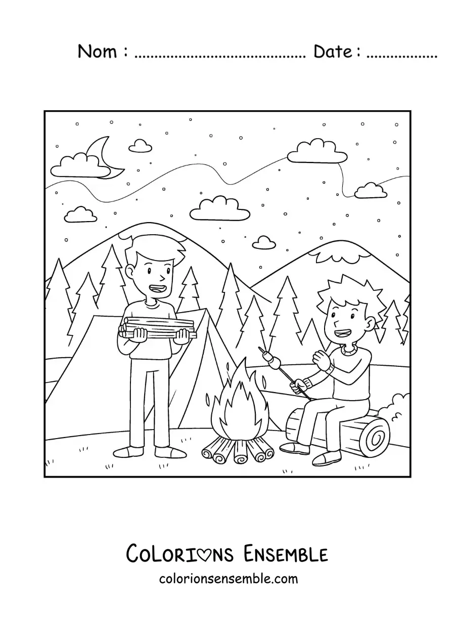 Coloriage de deux enfants en train de griller des guimauves près du feu de camp dans un camping