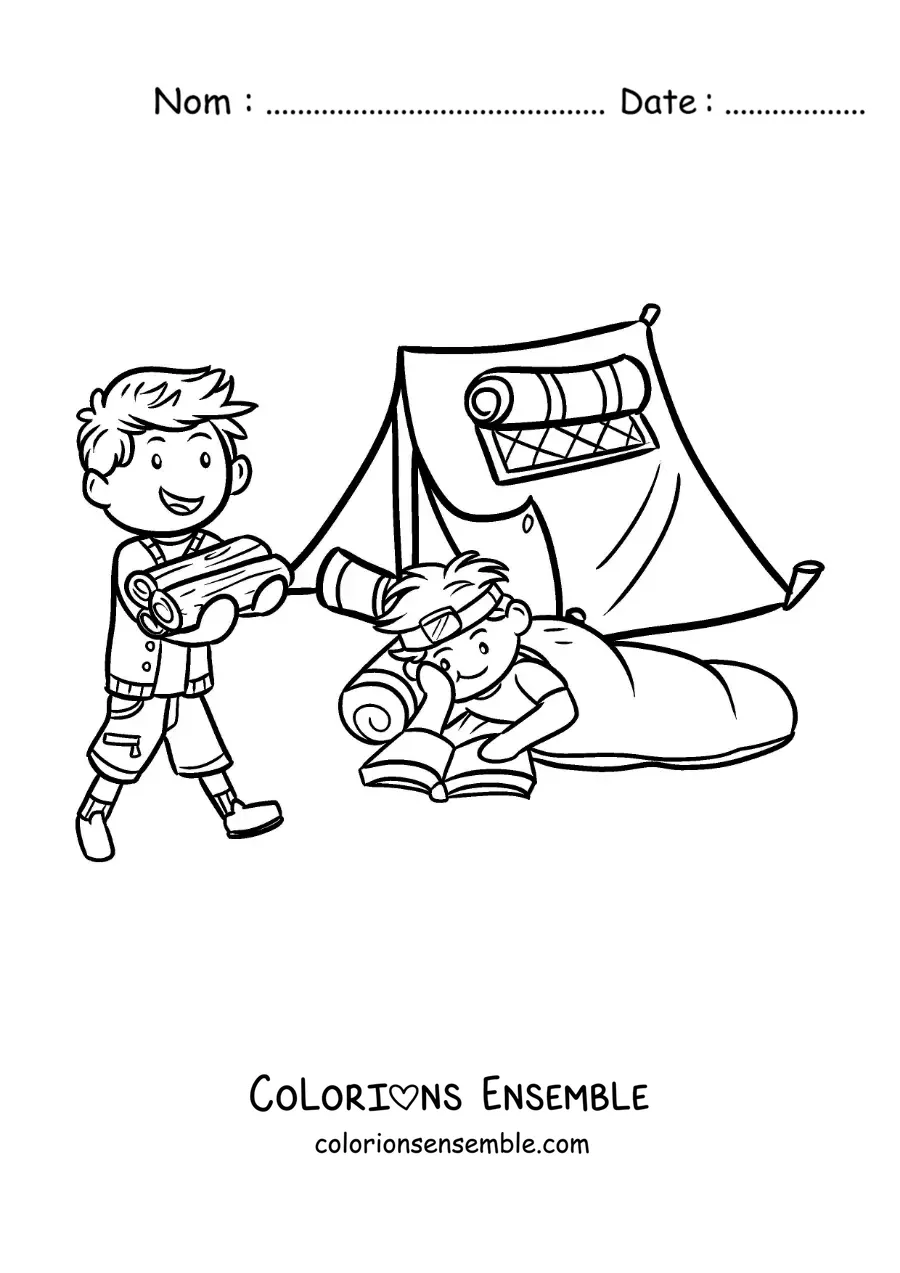 Coloriage de deux enfants en train de lire près du feu de camp dans une colonie de vacances