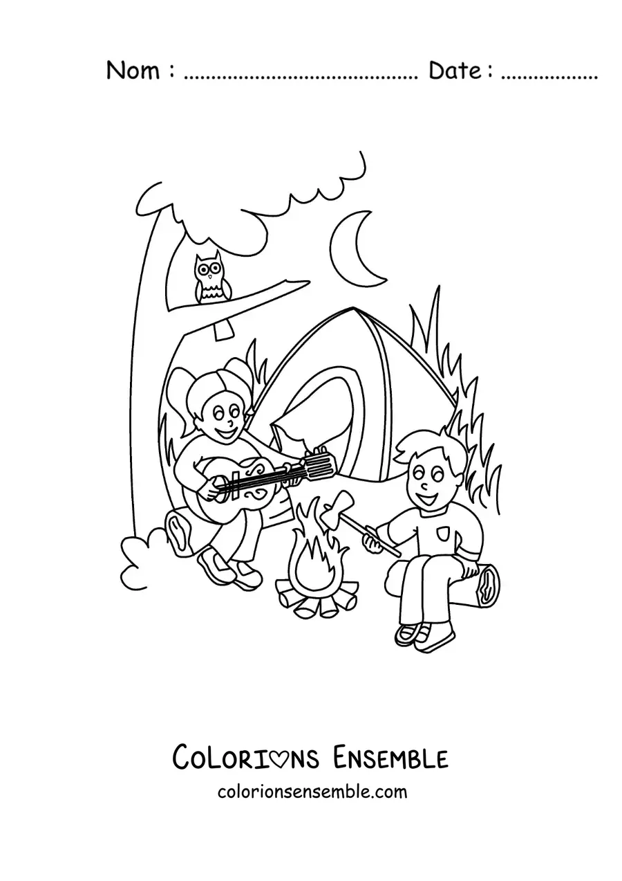 Coloriage de deux enfants version dessin animé en train de chanter dans une colonie de vacances