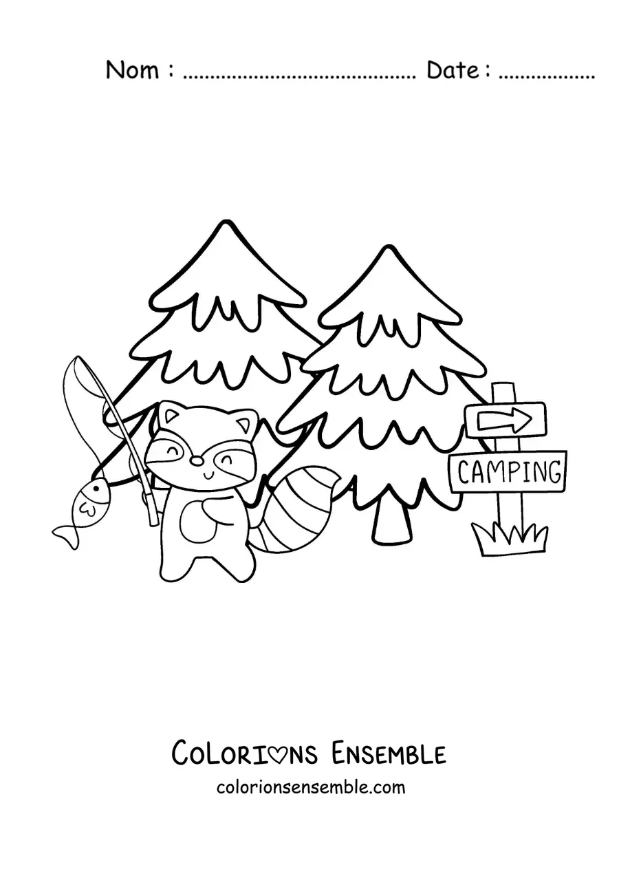Coloriage d’un raton laveur version dessin animé en train de pêcher dans un camp en forêt