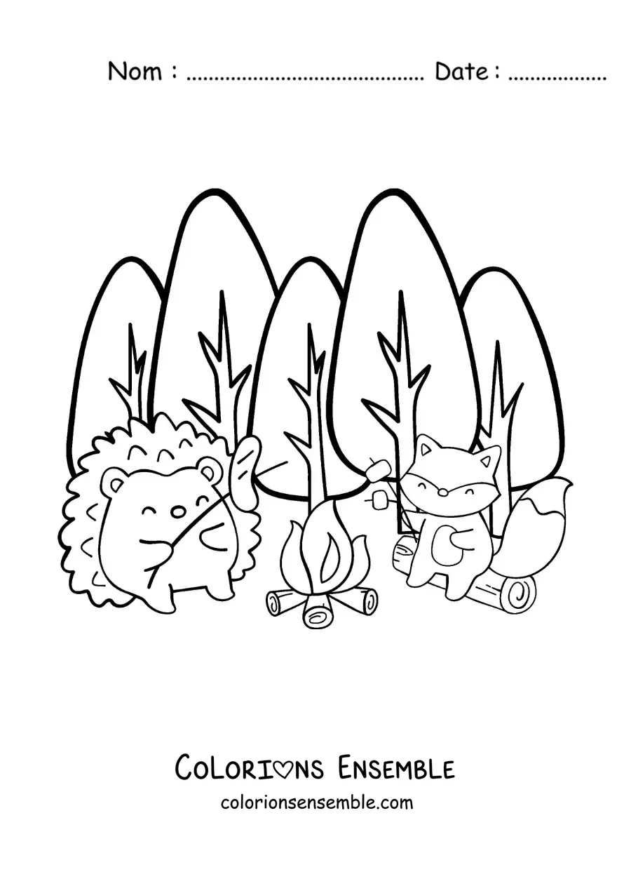 Coloriage d’animaux kawaii autour d’un feu de camp en forêt