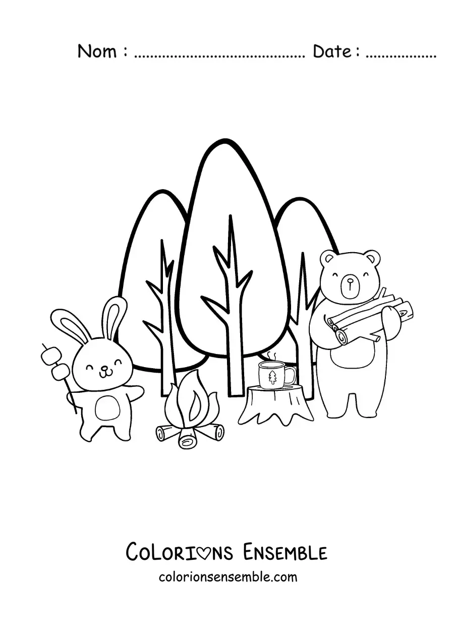 Coloriage d’animaux version dessin animé autour d’un feu de camp en forêt