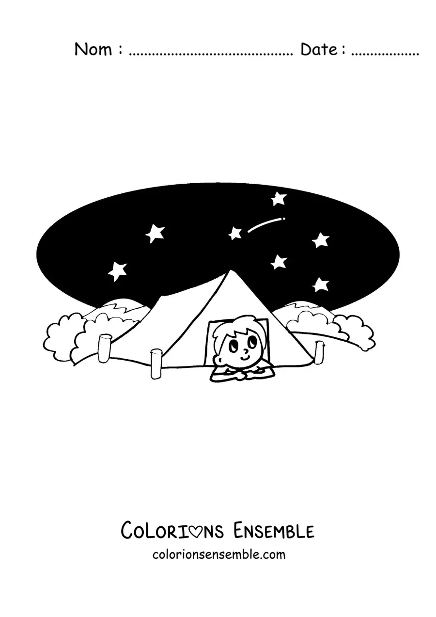Coloriage d'un petit garçon animé qui campe pendant la nuit