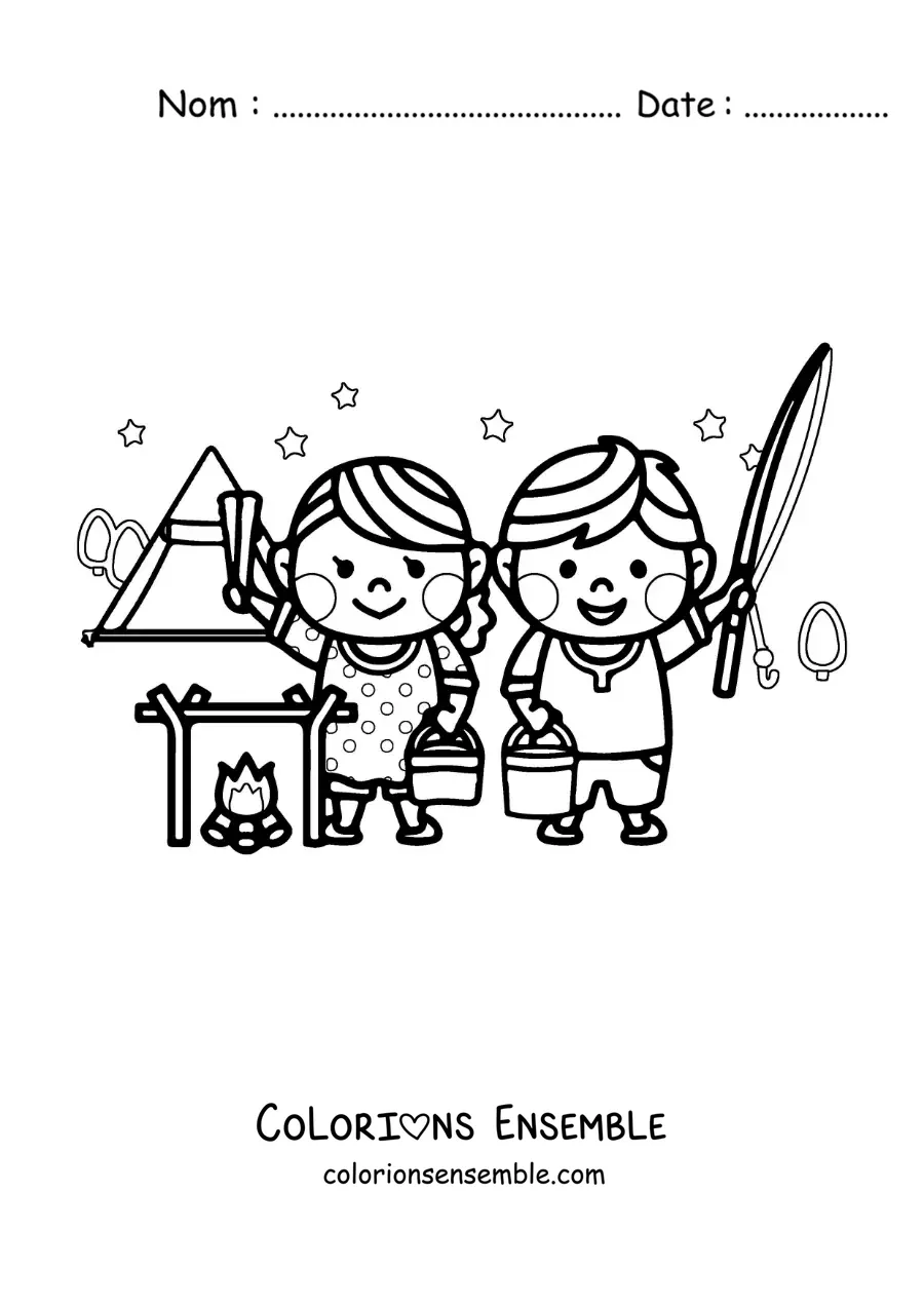 Coloriage d’un couple kawaii dans un camping
