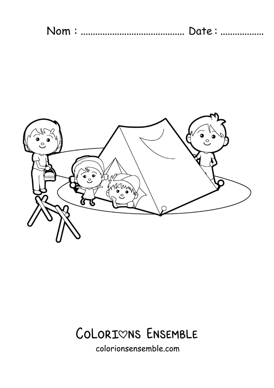 Coloriage d’une famille kawaii dans un camping