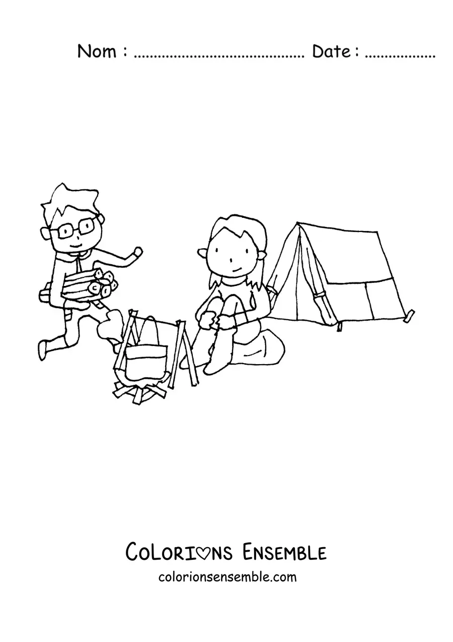 Coloriage d’un couple version dessin animé dans un camping