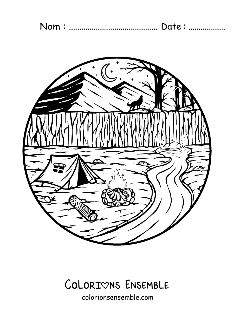 Coloriage d’un camping au bord de la rivière