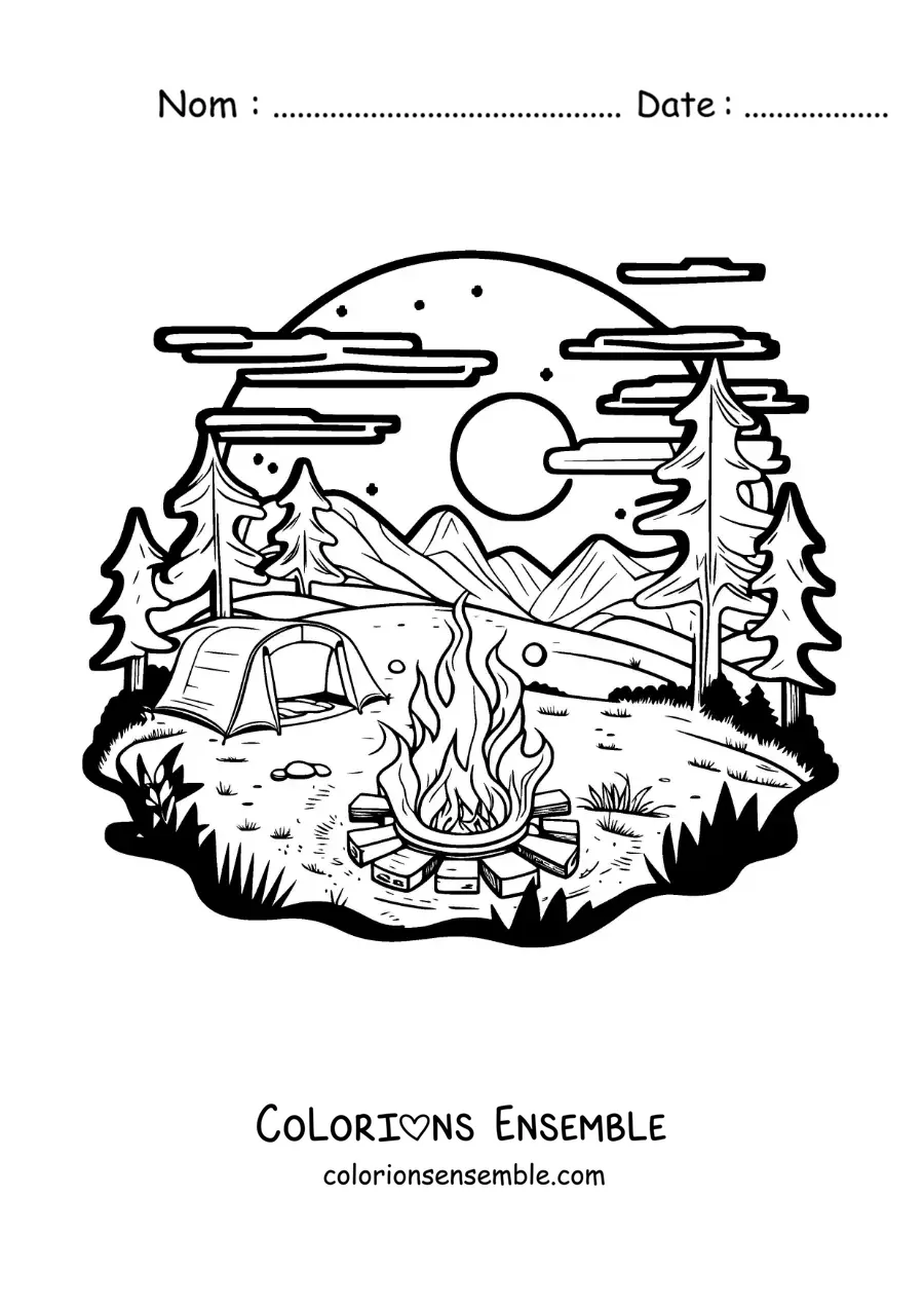 Coloriage d’une tente dans la forêt près d’un feu de camp
