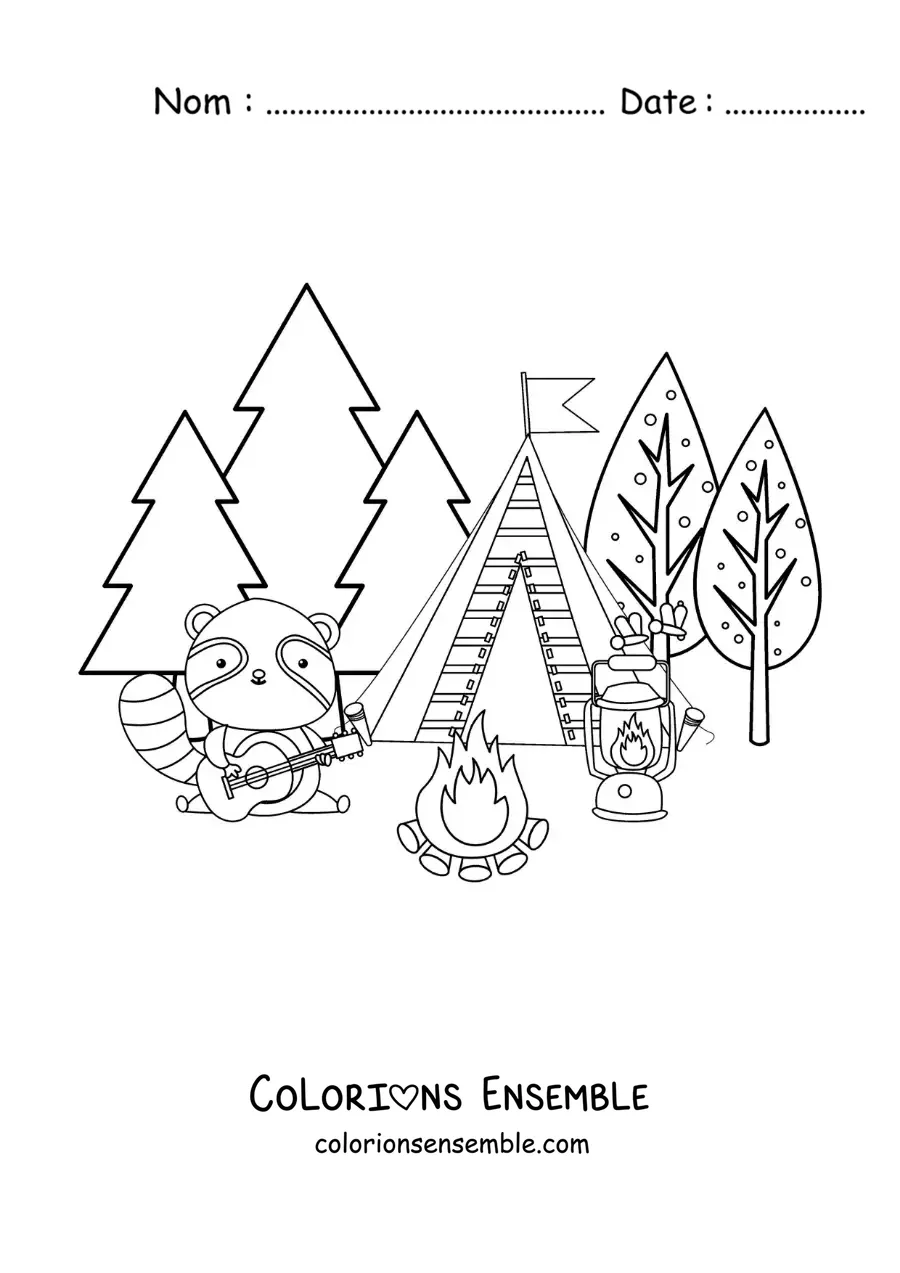 Coloriage d’un raton laveur version dessin animé en train de camper dans la forêt