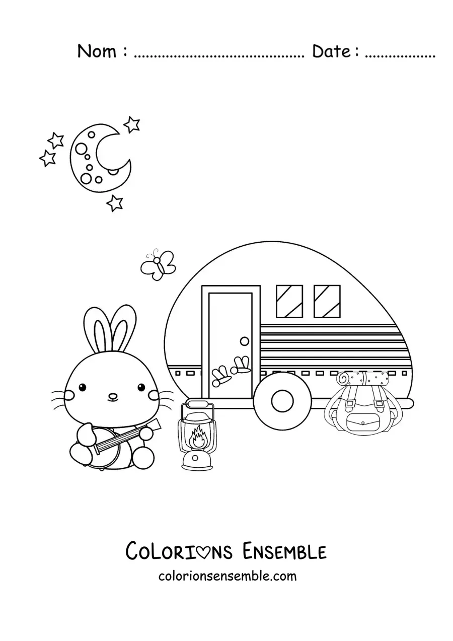 Coloriage d’un lapin version dessin animé en train de camper dans un camping-car
