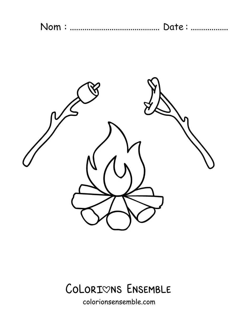 Coloriage d’un feu de camp avec des guimauves et des saucisses