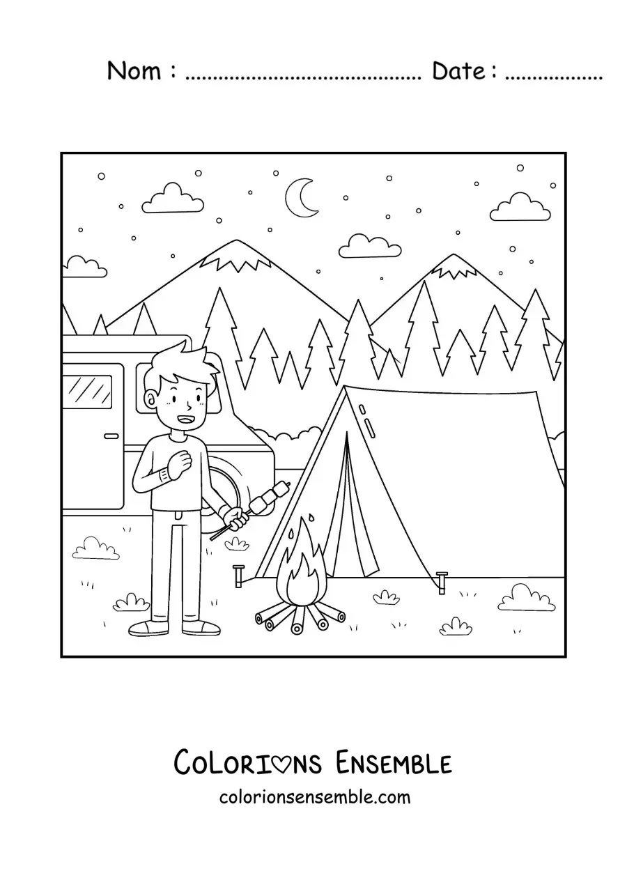 Coloriage d’un garçon en train de camper et de manger des guimauves près d’un feu de camp