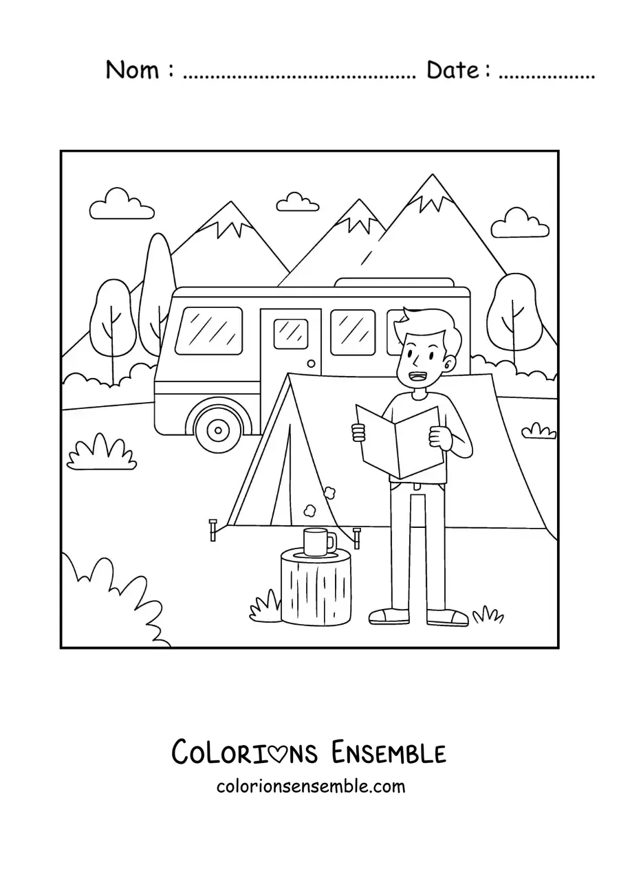 Coloriage d’un garçon version dessin animé en train de lire une carte dans un camping