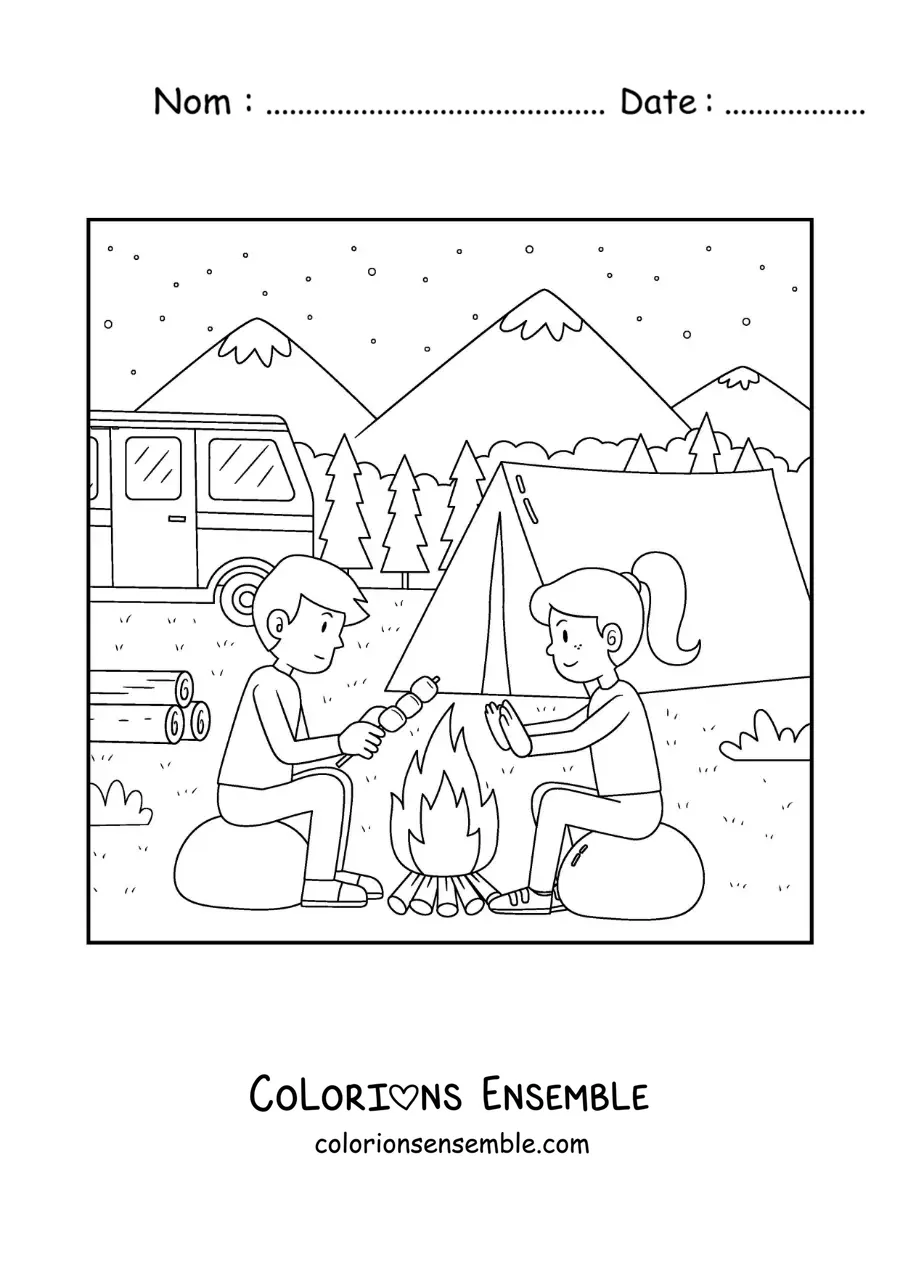 Coloriage d’une fille et d’un garçon près d’un feu de camp dans un camping