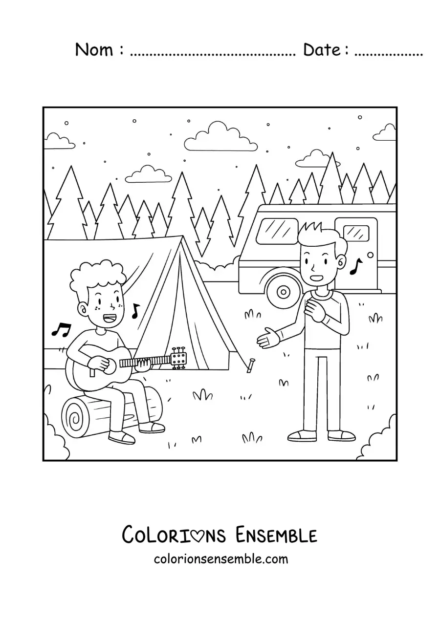 Coloriage de deux enfants en train de chanter avec une guitare dans un camping