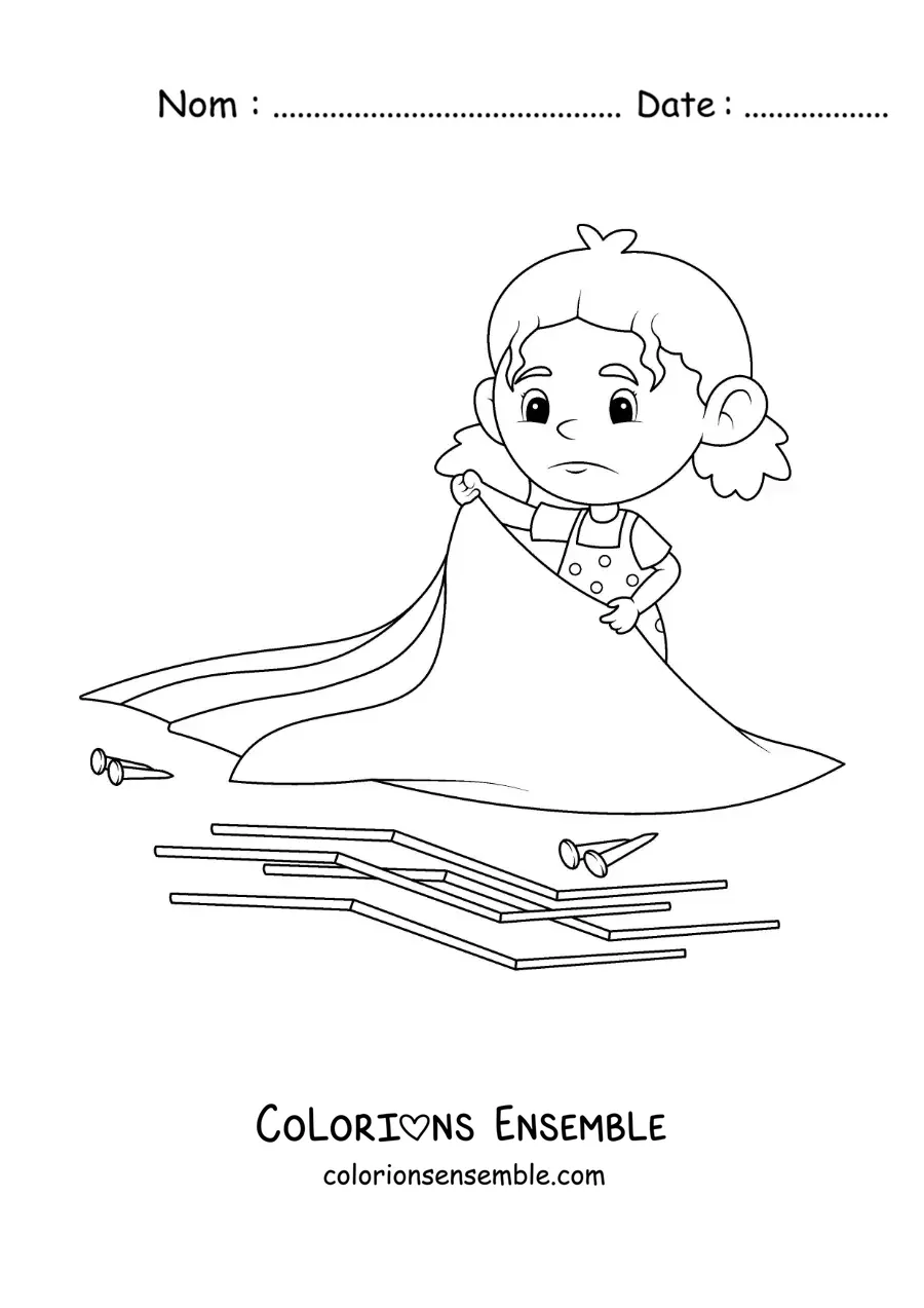 Coloriage d’une fille en train de monter une tente