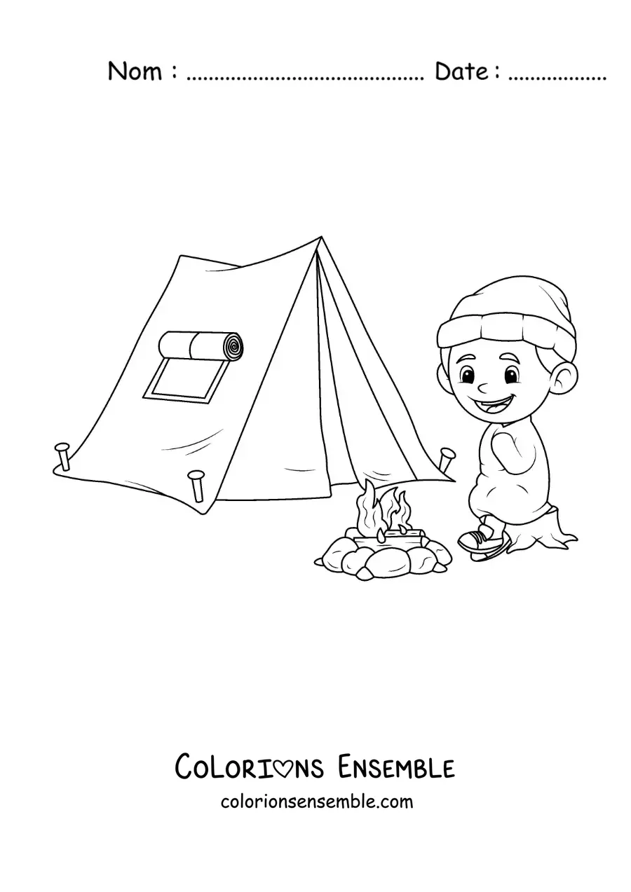 Coloriage d’un garçon qui a froid dans un camping