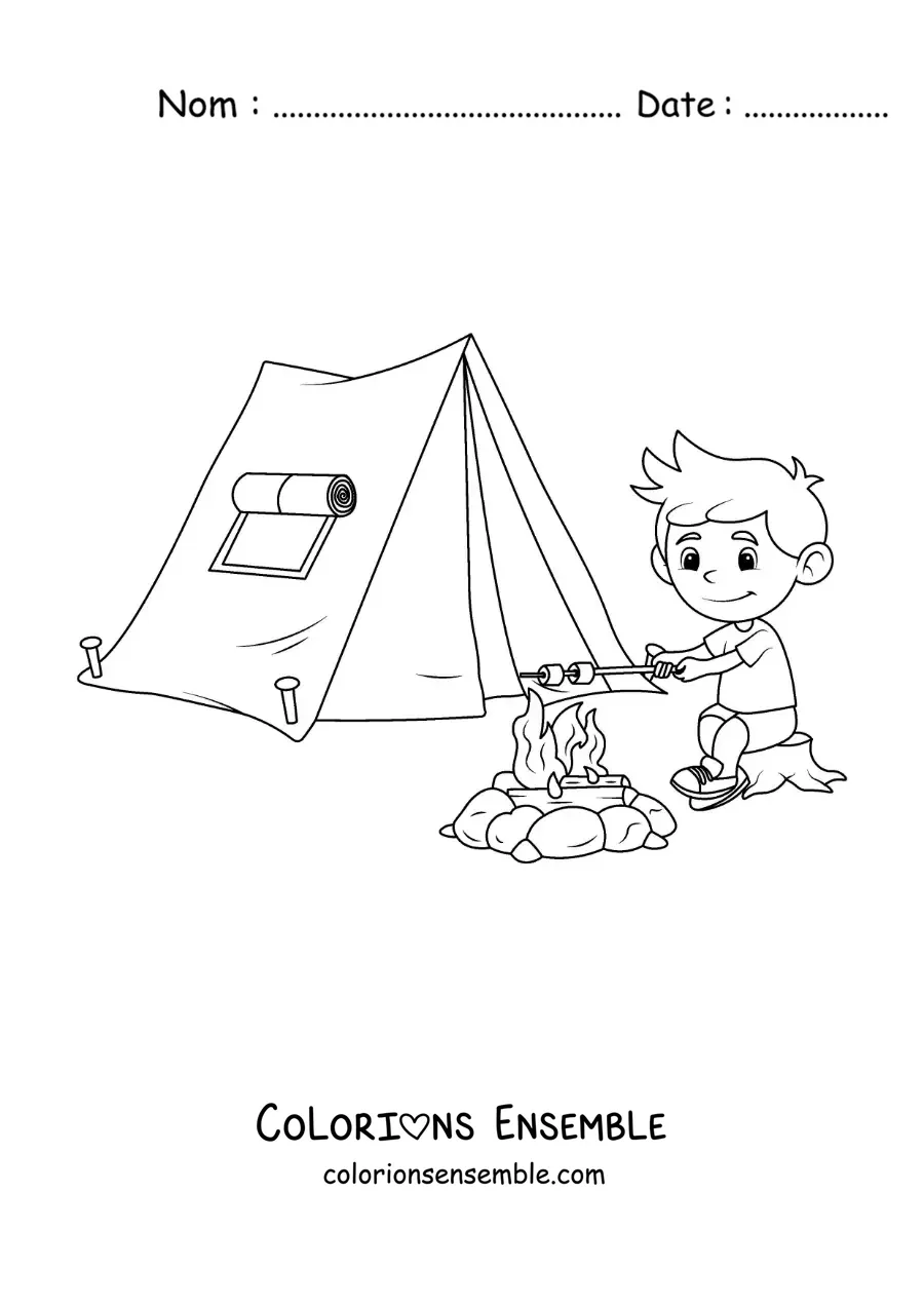 Coloriage d’un garçon en train de griller des guimauves près d’une tente
