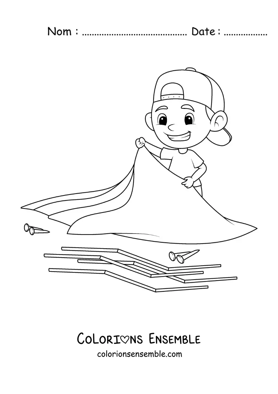 Coloriage d’un garçon en train de monter une tente