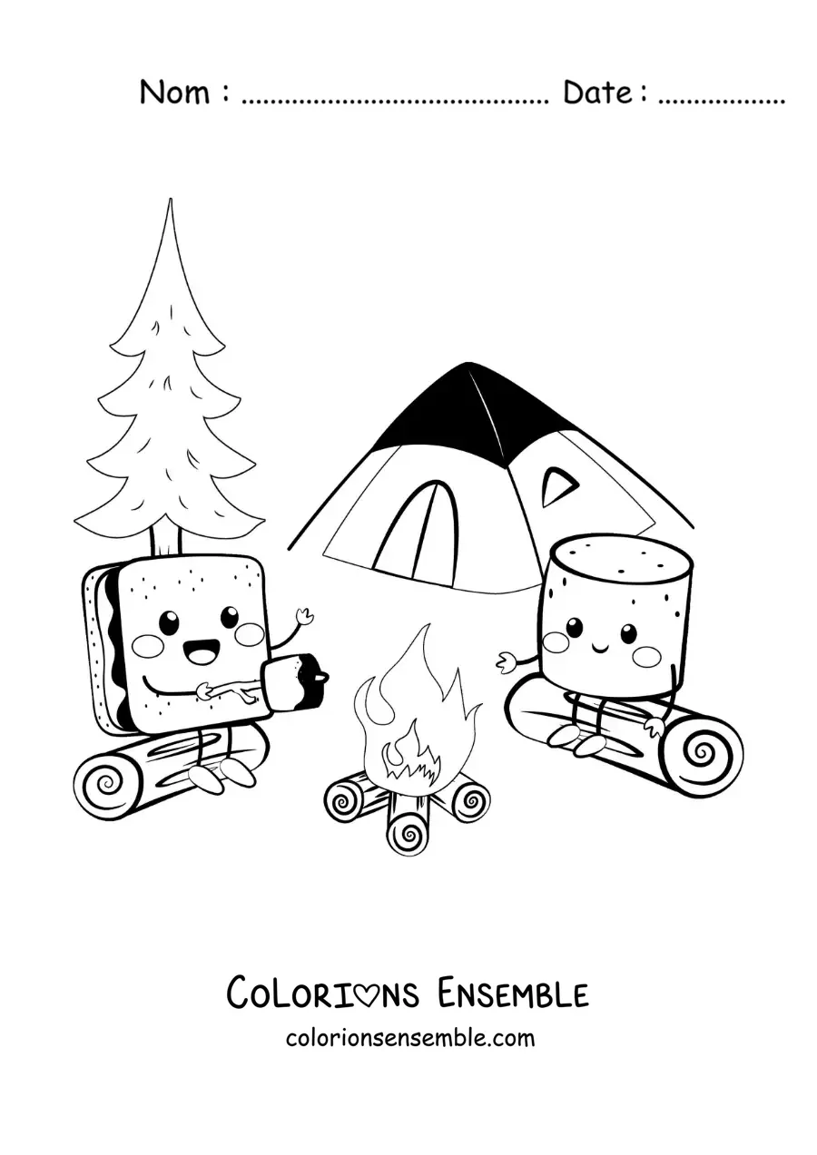 Coloriage de deux guimauves kawaii version dessin animé dans un camping
