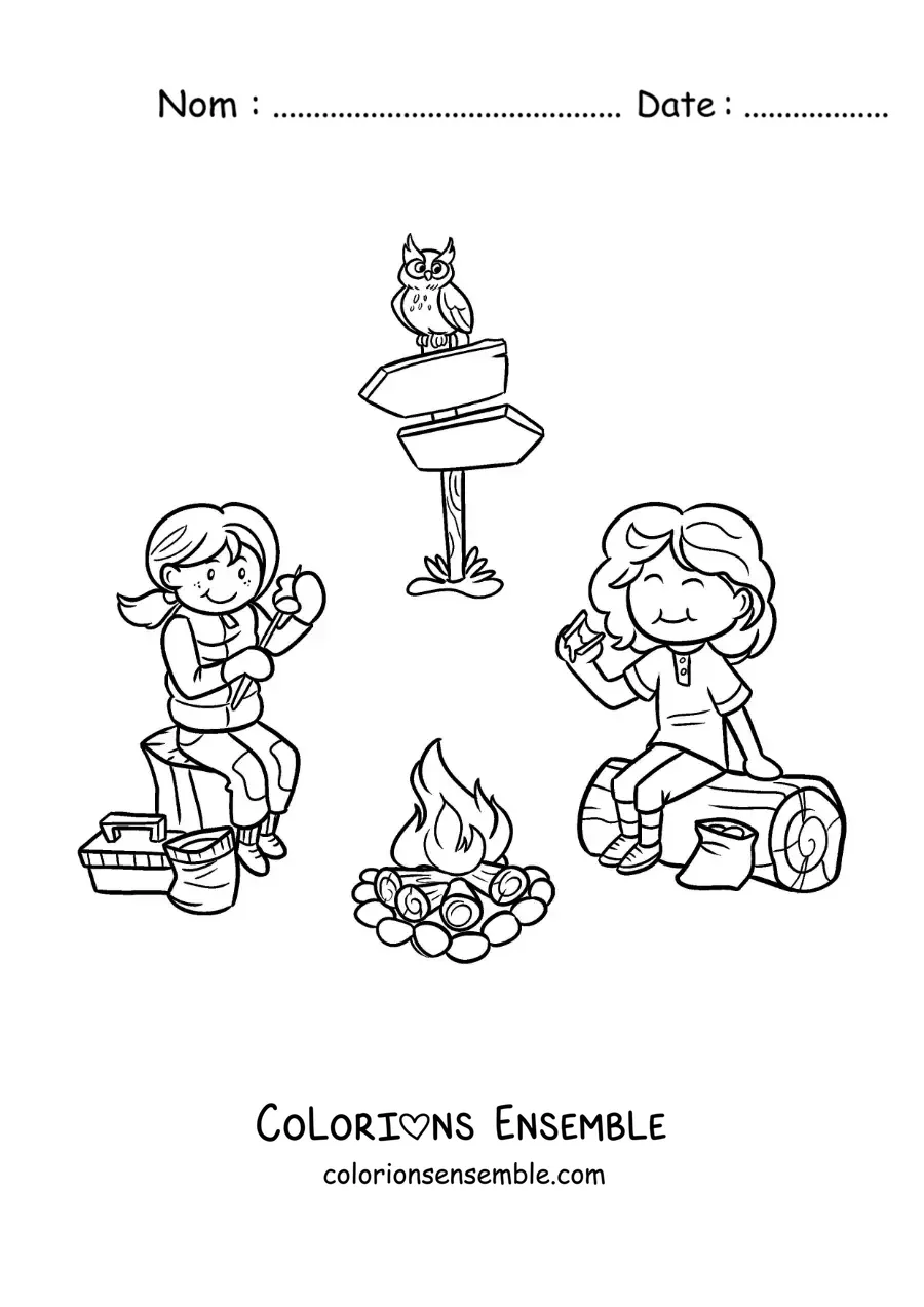 Coloriage de deux filles en train de manger des guimauves près d’un feu de camp