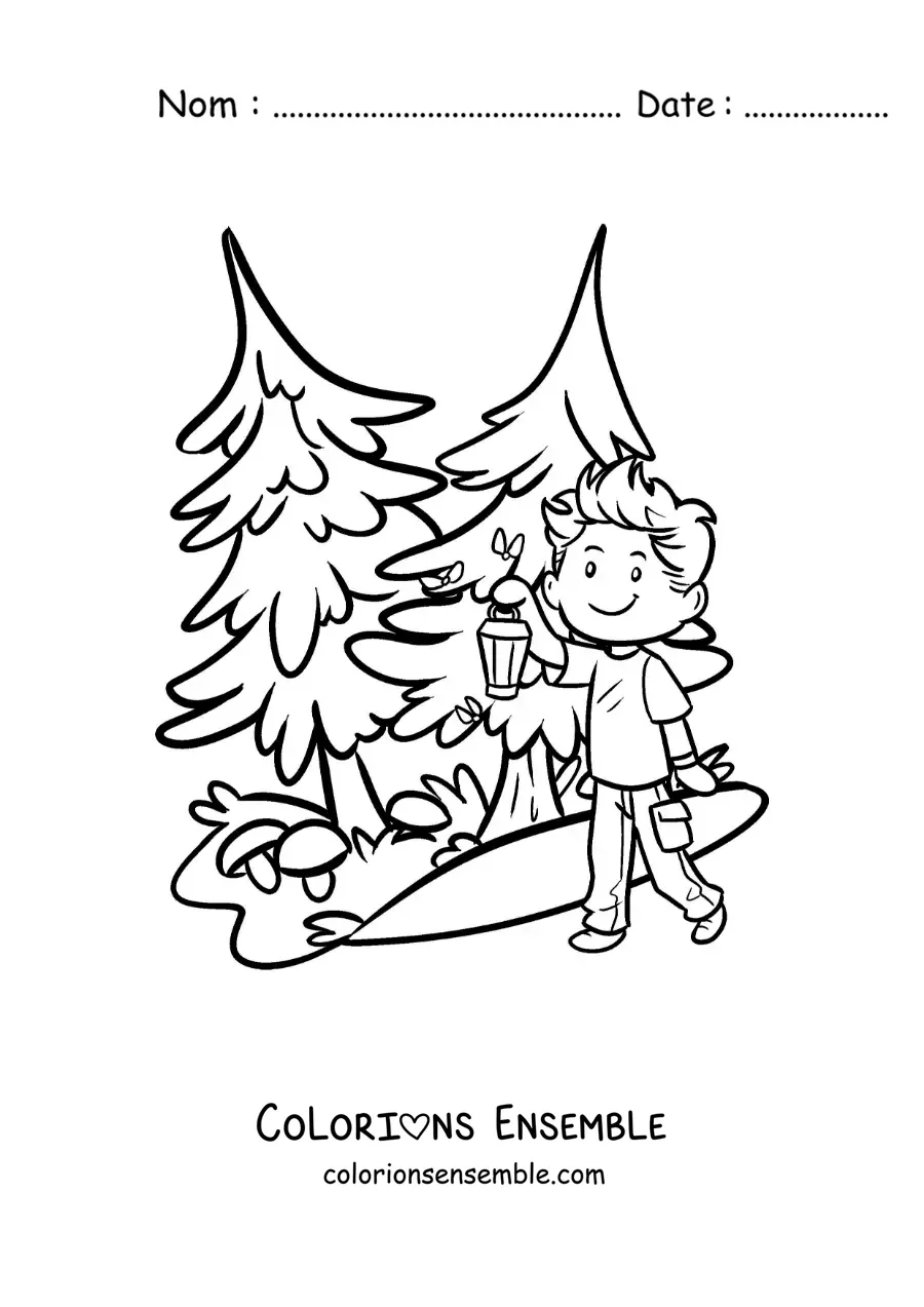 Coloriage d’un garçon avec une lampe de poche dans la forêt pendant une randonnée