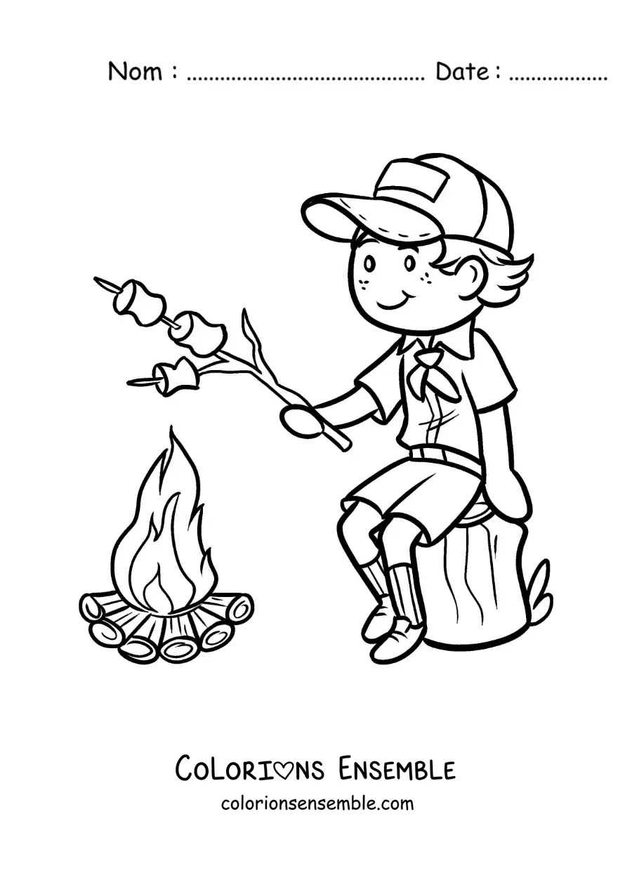 Coloriage d’un garçon explorateur en train de griller des guimauves sur un feu de camp