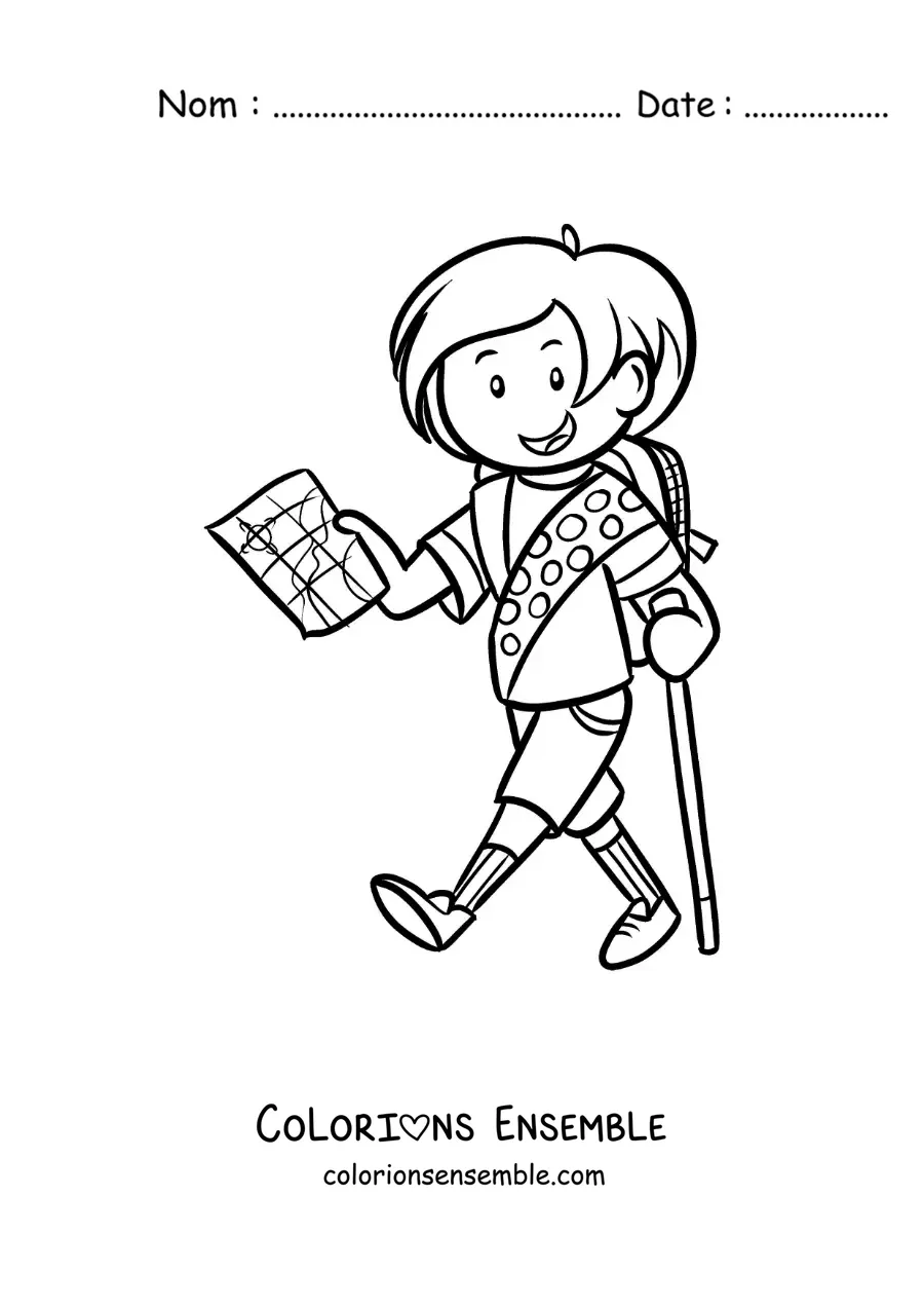 Coloriage d’une fille exploratrice en train de marcher avec une carte pendant une randonnée