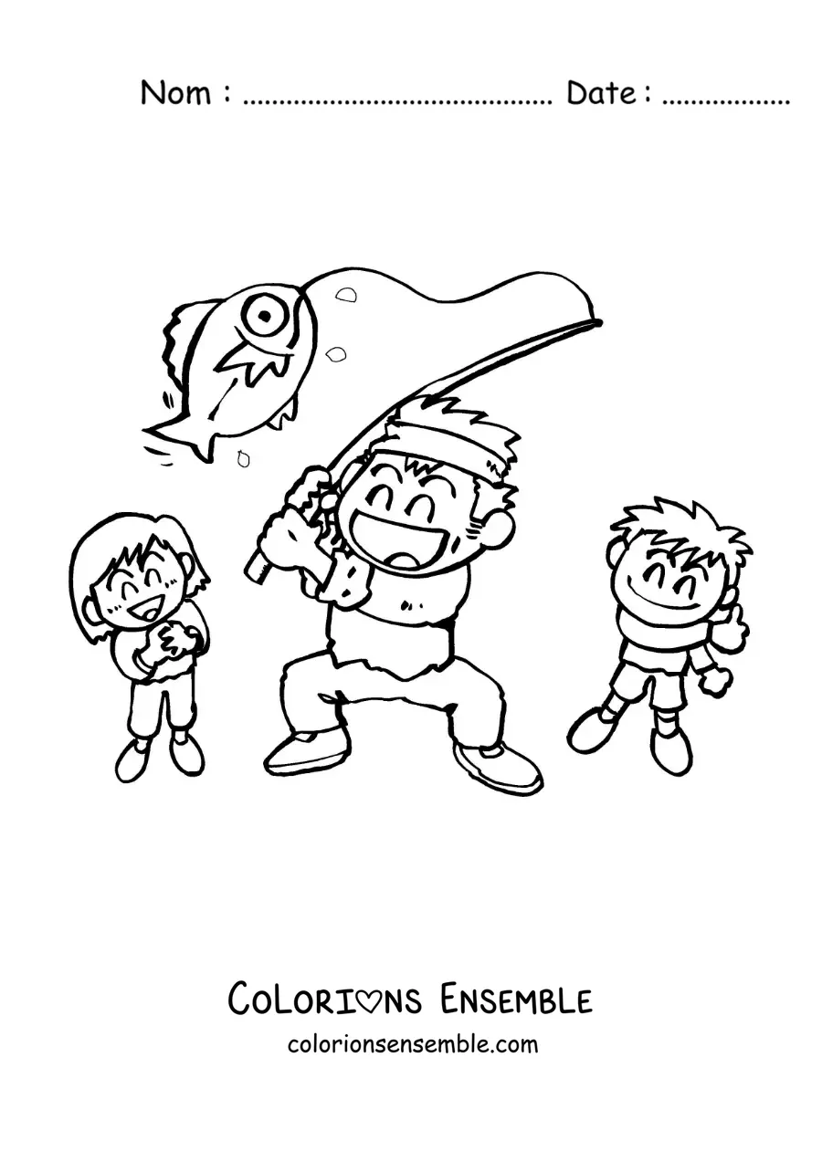 Image à colorier d’un papa et de ses enfants en train d’attraper un poisson