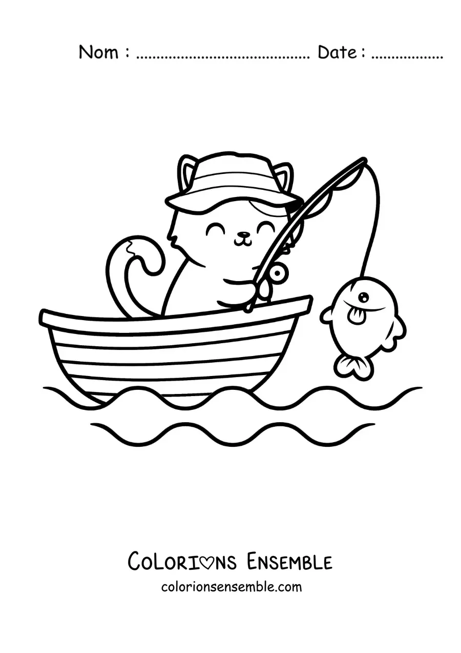 Image à colorier d’un chat animé qui attrape un poisson dans une barque