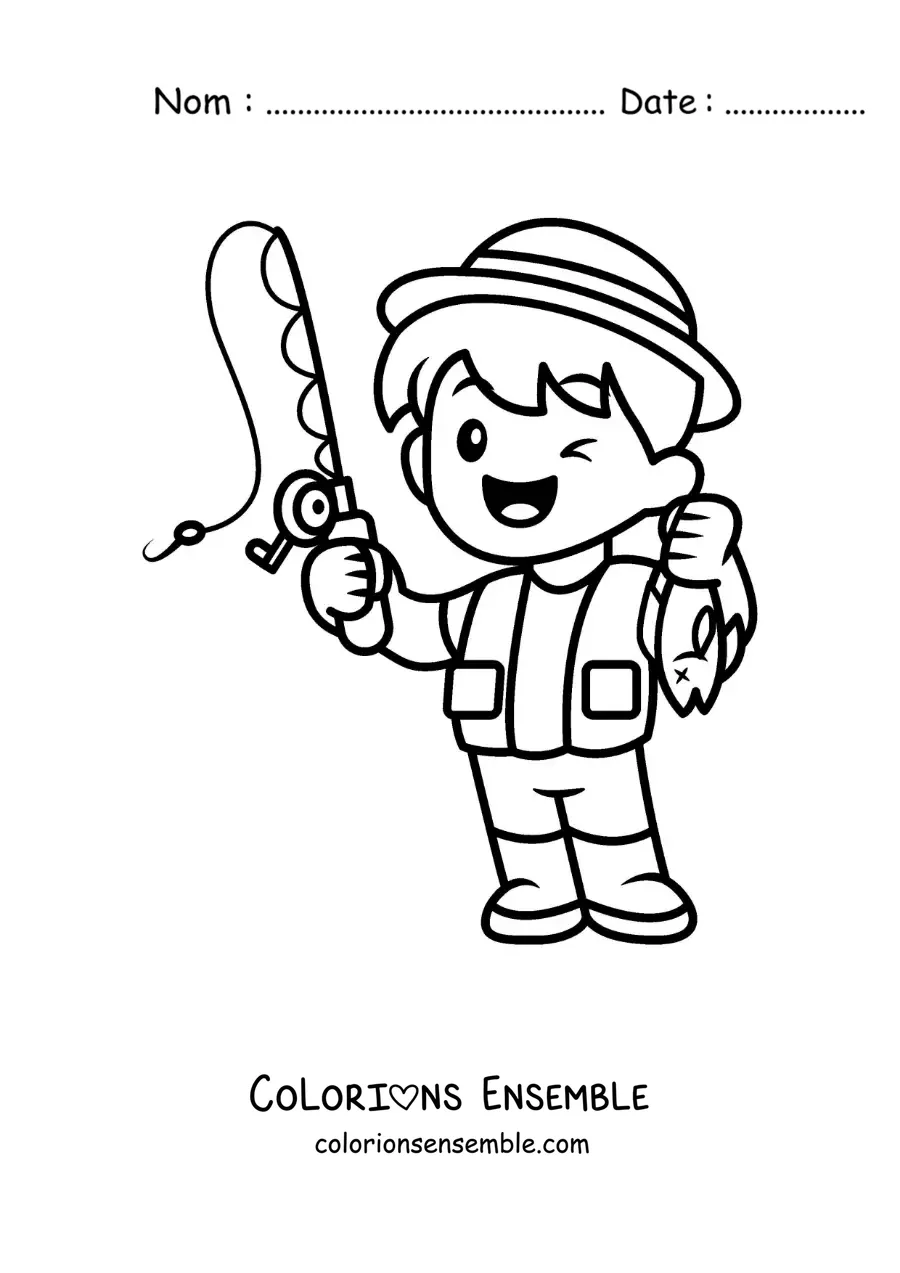 Image à colorier d’un petit pêcheur kawaii animé
