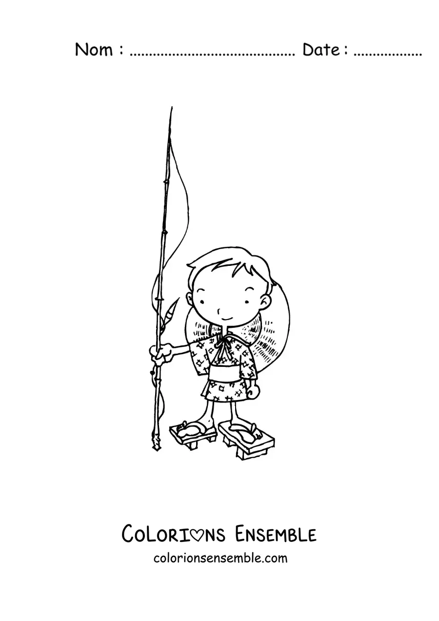 Image à colorier d’un petit pêcheur japonais animé