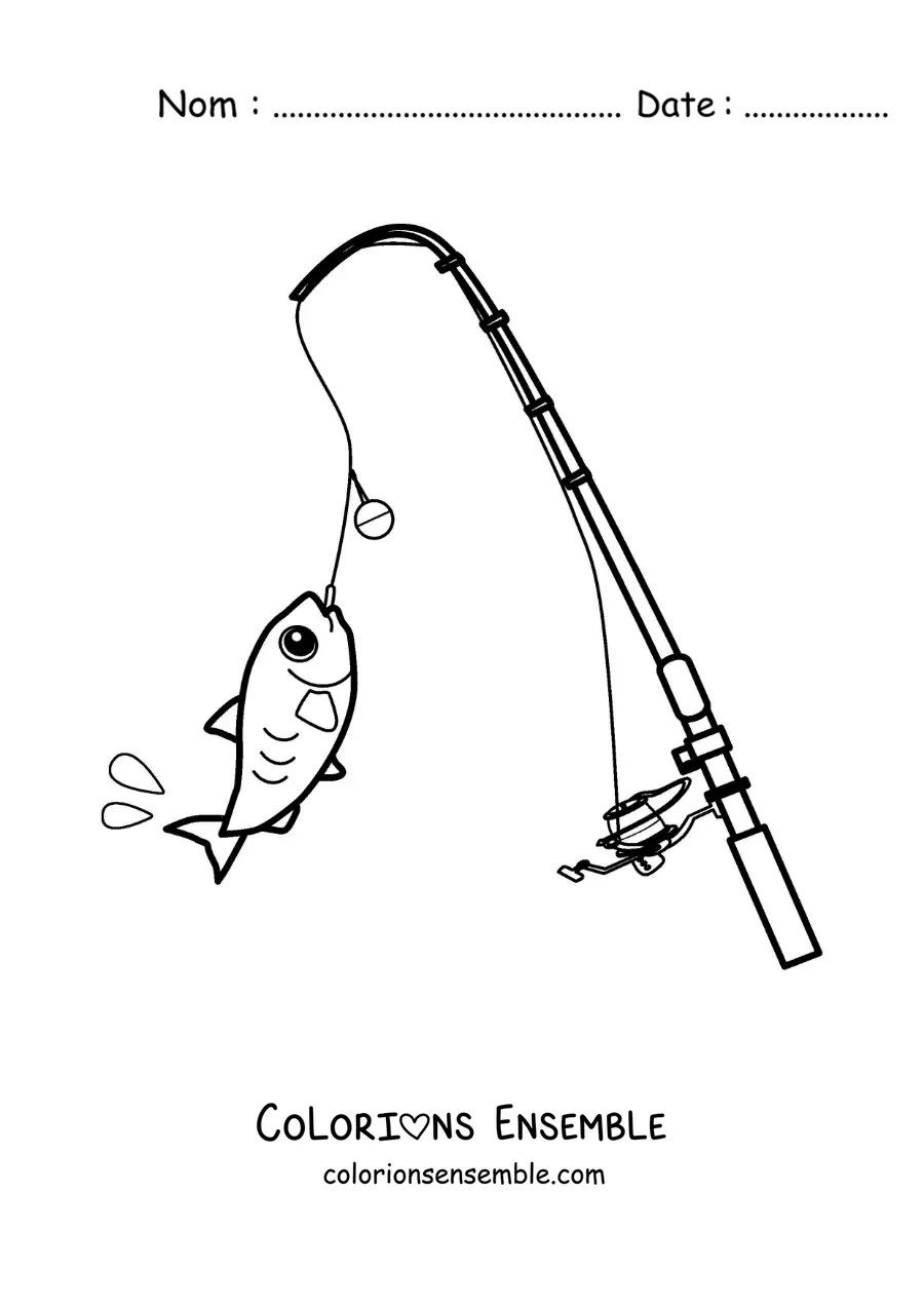 Image à colorier d’une canne à pêche avec un poisson animé