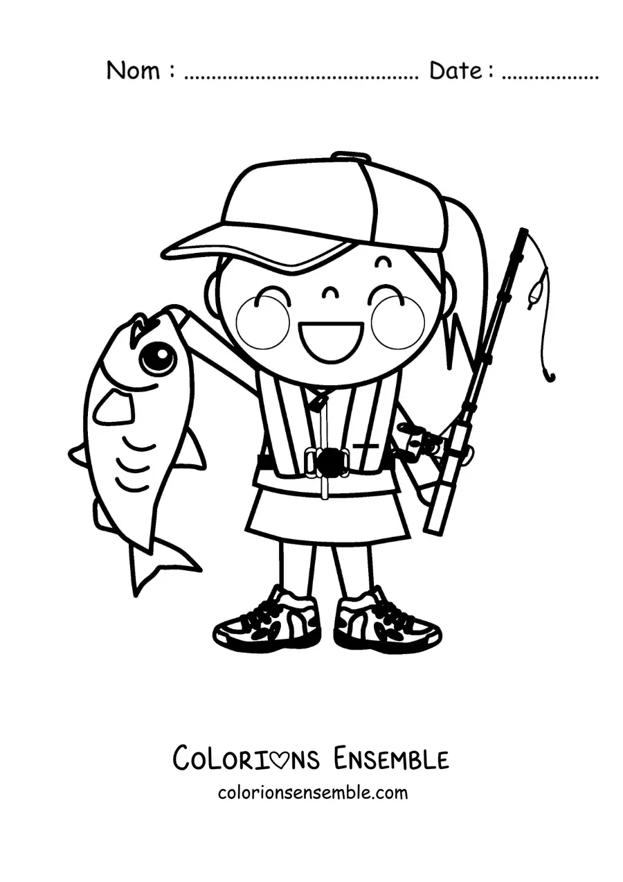 Image à colorier d’une petite pêcheuse avec un poisson