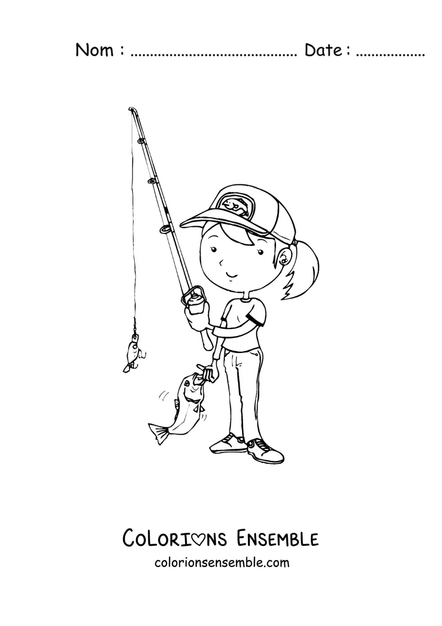 Image à colorier d’une fille animée qui attrape un poisson avec une canne