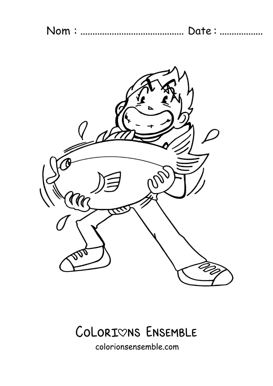 Image à colorier d’un pêcheur en dessin animé qui a attrapé un poisson