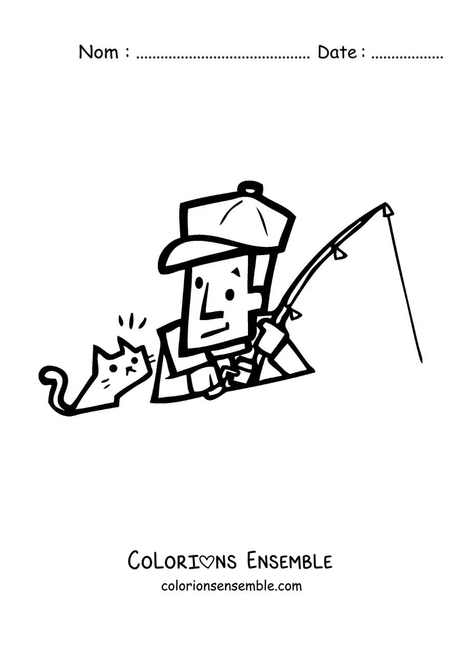 Image à colorier d’un pêcheur en dessin animé avec son chat