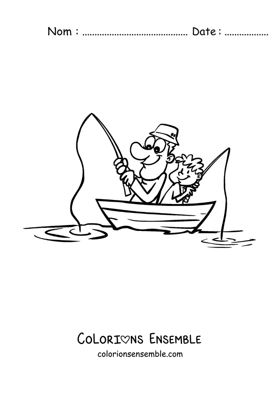Image à colorier d’un pêcheur en dessin animé avec son fils dans une barque