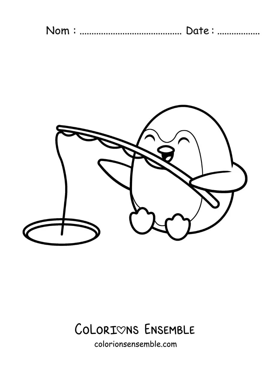 Image à colorier d’un pingouin animé en train de pêcher