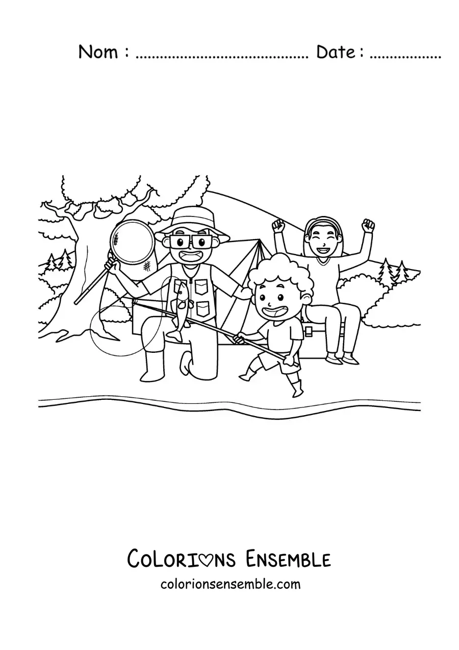 Image à colorier d’une famille animée qui pêche dans une rivière