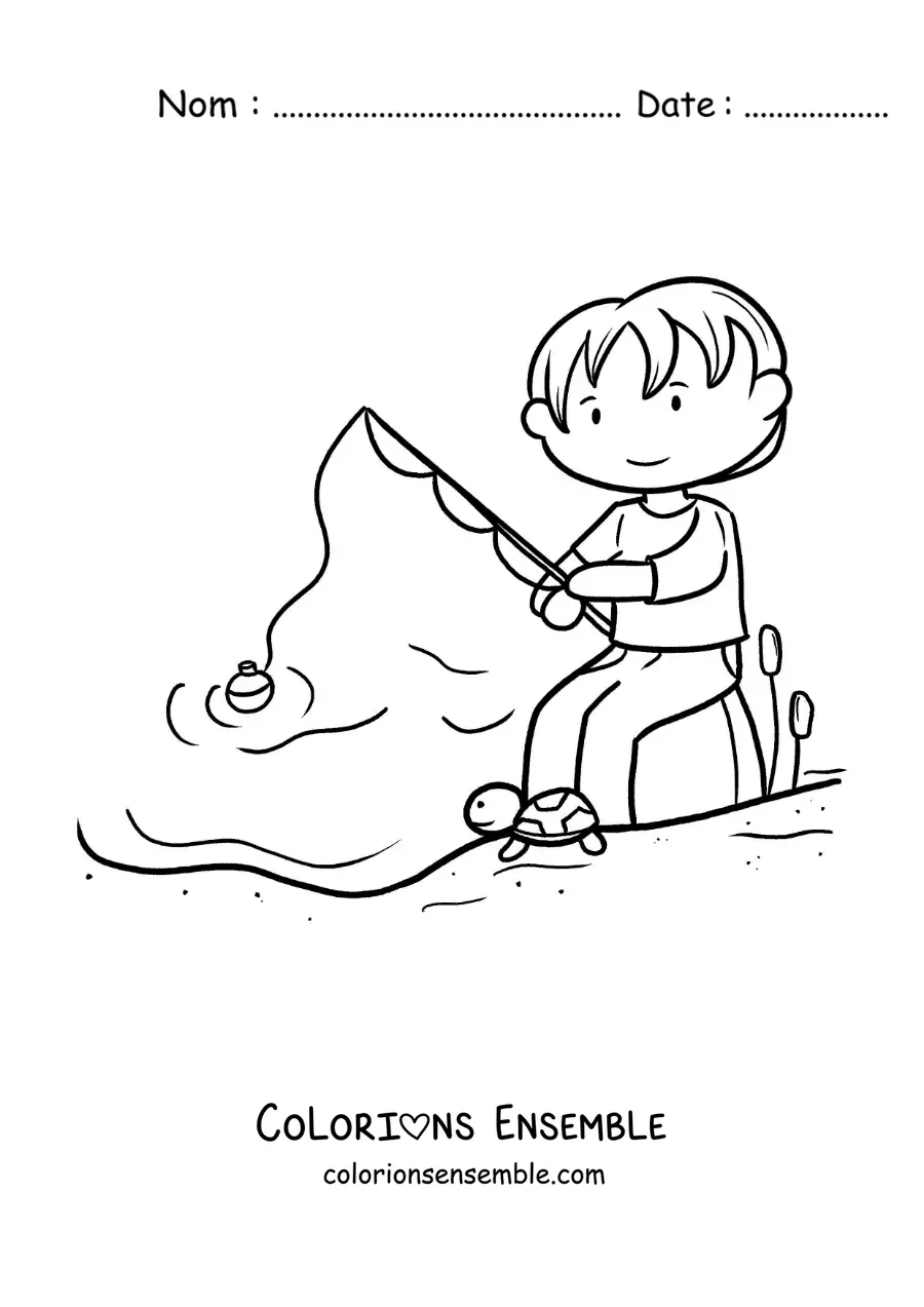 Image à colorier d’un garçon qui pêche à la canne dans un lac