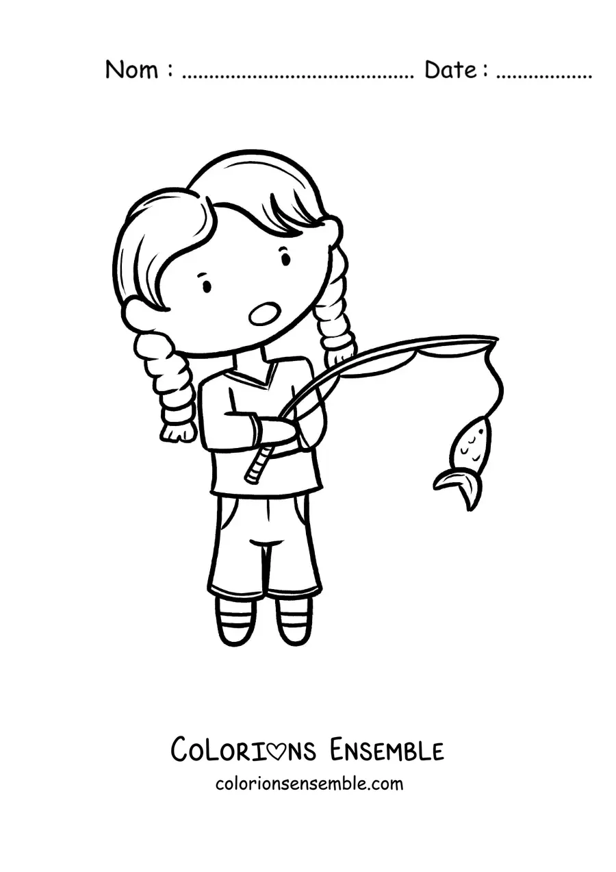 Image à colorier d’une fille qui attrape un poisson avec une canne