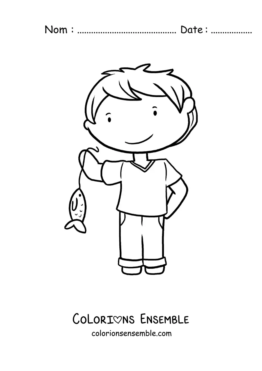 Image à colorier d’un garçon avec un poisson qu’il a attrapé