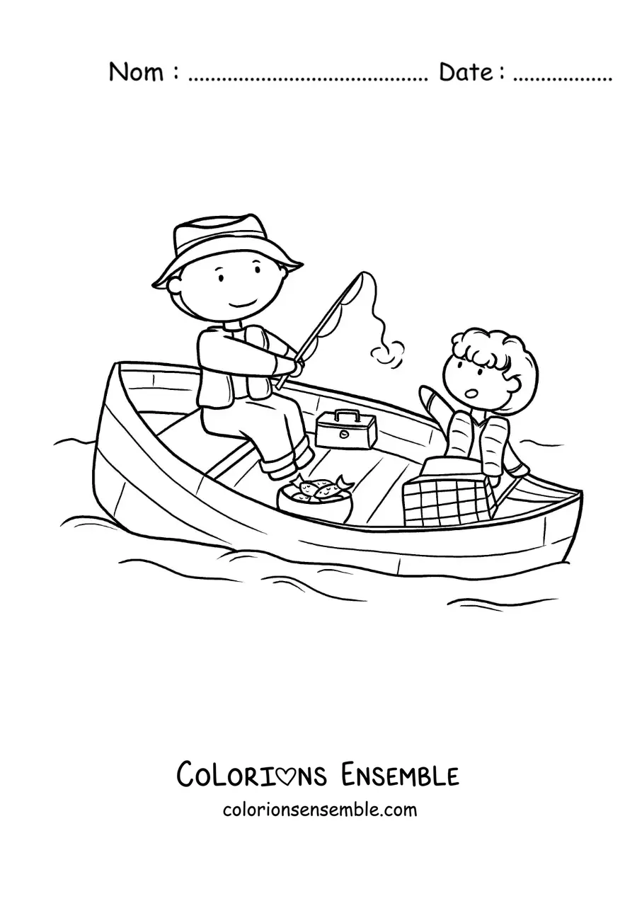 Image à colorier d’un papa et de son fils qui pêchent dans une barque