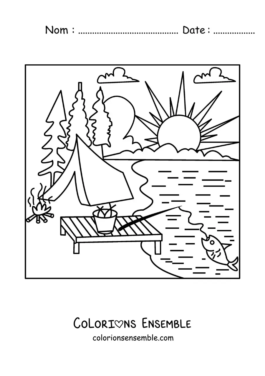 Image à colorier d’une canne à pêche dans un campement