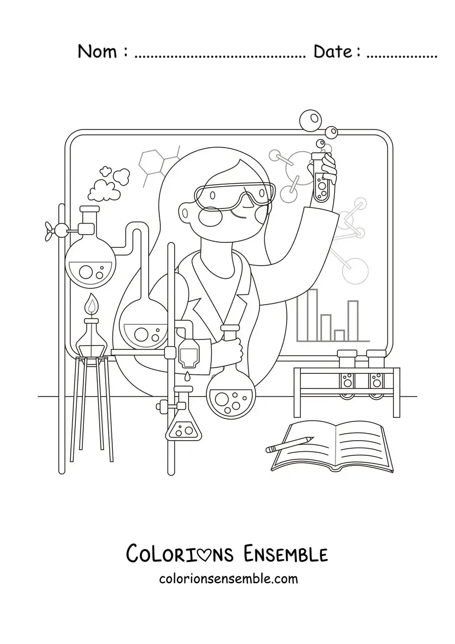 Image à colorier d'une femme scientifique réalisant des expériences