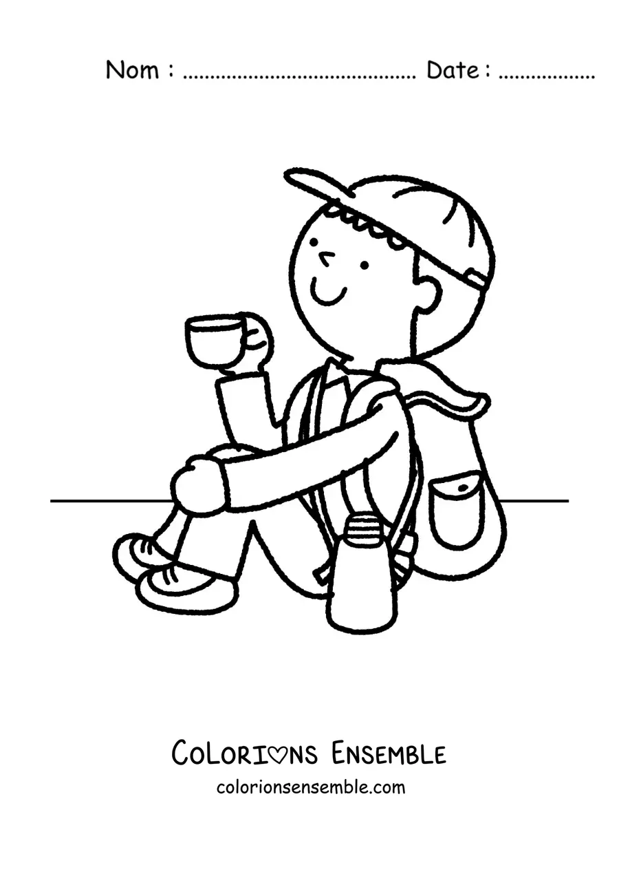 Image à colorier d’un randonneur avec son sac à dos qui boit un café